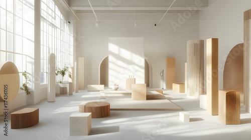 A bright and spacious minimalist room with ample room for large product displays  characterized by neutral tones and modern design elements