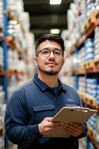 A man wearing a blue shirt and glasses is holding a clipboard