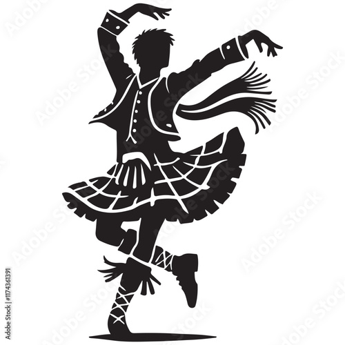 Highland Dance Silhouette Vector Illustration, Solid White Background.