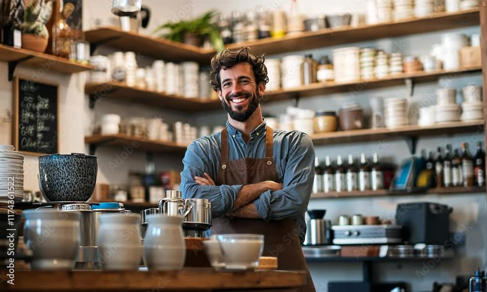 A smiling barista stands in a cozy café filled with pottery and decor.