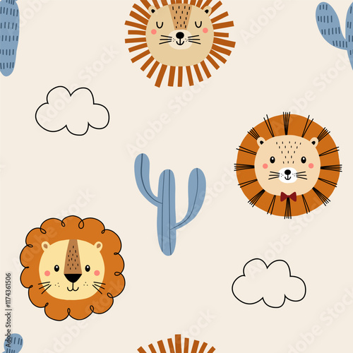 Seamless pattern with cute little lion, cactus and cloud for your fabric, children textile, nursery decoration, gift wrap paper, kids bedding, baby's shirt. Vector illustration
