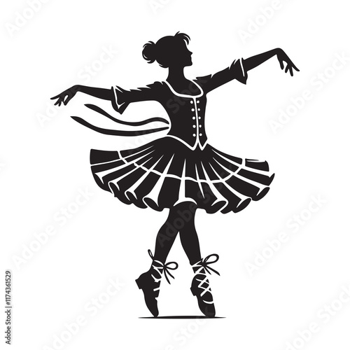Highland Dance Silhouette Vector Illustration, Solid White Background.