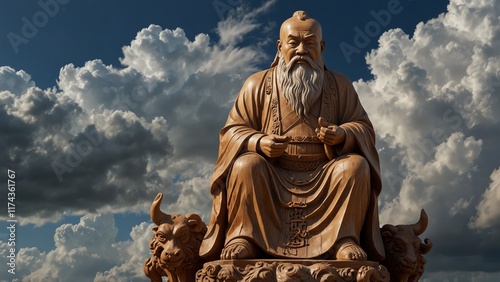 A serene wooden statue of Laozi, seated on a carved ox, with flowing patterns of clouds and Taoist symbols around him. photo