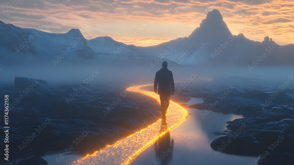 Obraz premium Walking on a glowing path at dawn iceland nature photography tranquil landscape serene viewpoint dreamlike concept