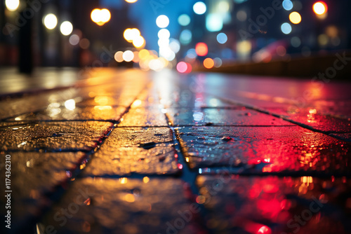 mesmerizing interplay of glistening surfaces and shimmering hues, as urban lights seamlessly merge with rain-drenched asphalt photo