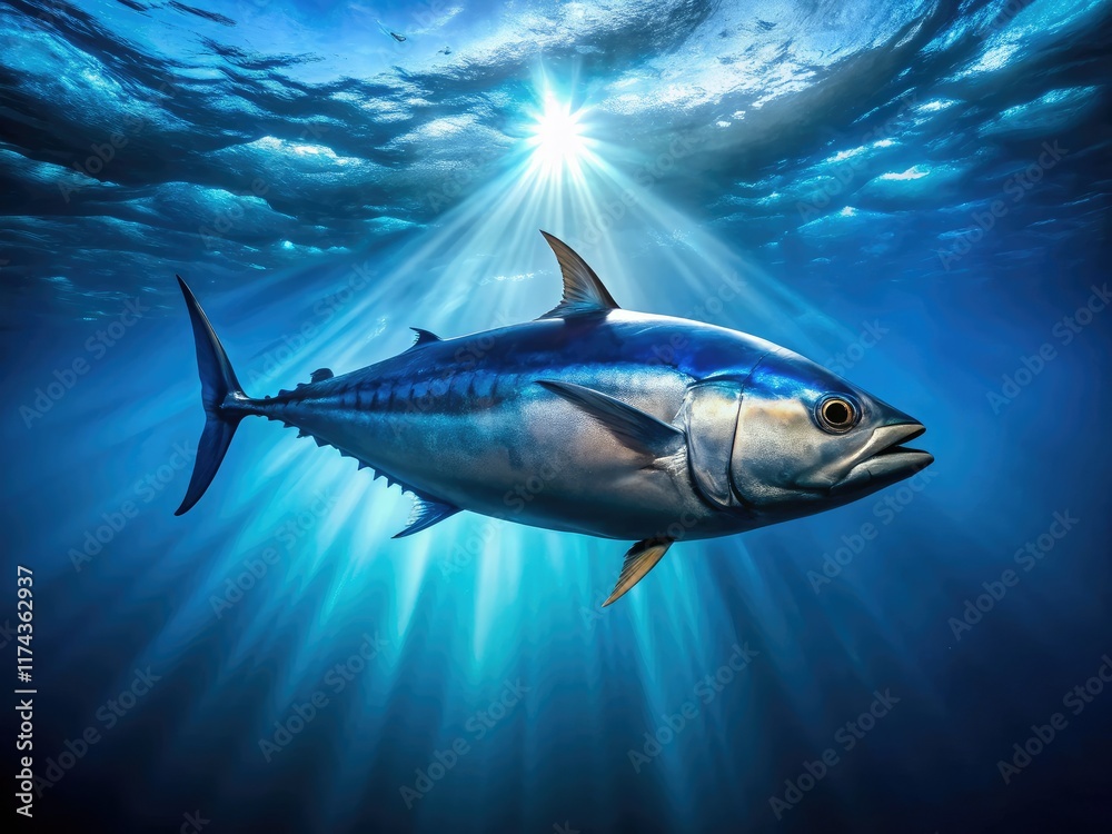 Fototapeta premium Stunning Bluefin Tuna Drone Shot, Ocean Wildlife, Underwater Photography, High Resolution