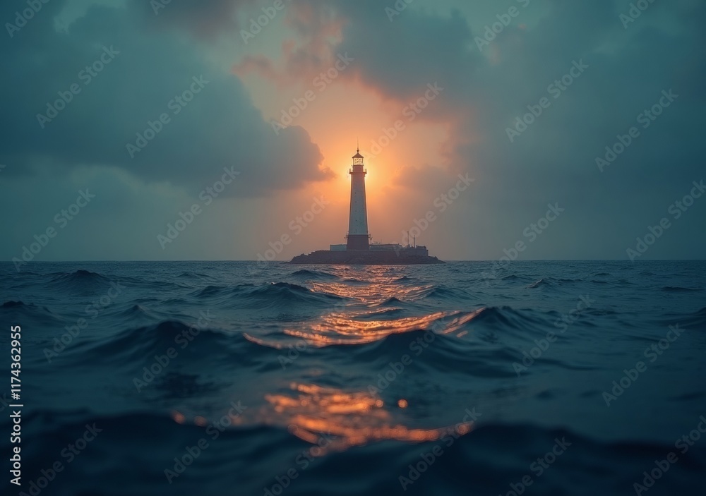 Fototapeta premium Lighthouse stands tall against dramatic sunset over ocean waves
