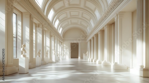 A large, uncluttered interior with pale walls, creating a vast empty space to display products or sculptures with plenty of room for text space
