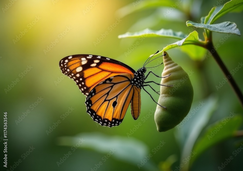 Monarch butterfly emerging from chrysalis in a vibrant green environment Monarch butterfly emerging from chrysalis in a vibrant green environment