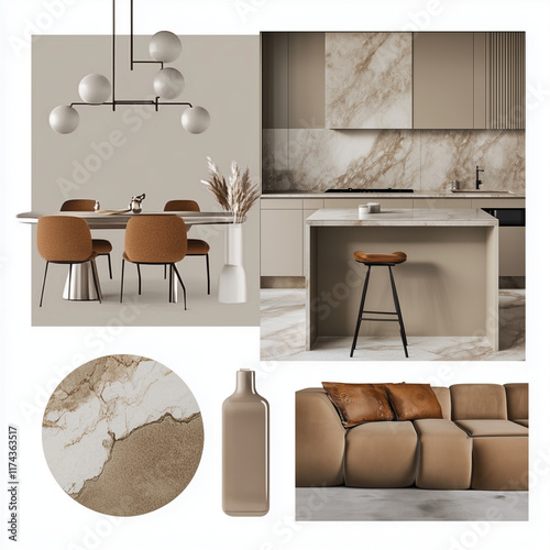 caramel colored interior design moodboard for a living room with a kitchen and dinning space photo