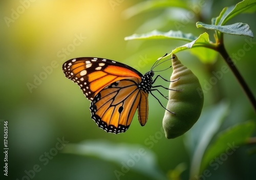 Monarch butterfly emerging from chrysalis in a vibrant green environment