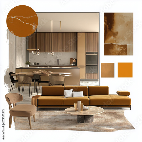 caramel colored interior design moodboard for a living room with a kitchen and dinning space photo