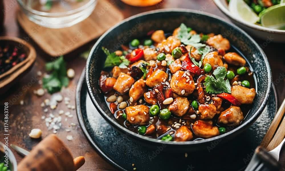 A vibrant dish featuring chicken, vegetables, and sauce, garnished with herbs and sesame seeds. A vibrant dish featuring chicken, vegetables, and sauce, garnished with herbs and sesame seeds.
