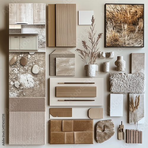 caramel colored interior design moodboard for a living room with a kitchen and dinning space photo