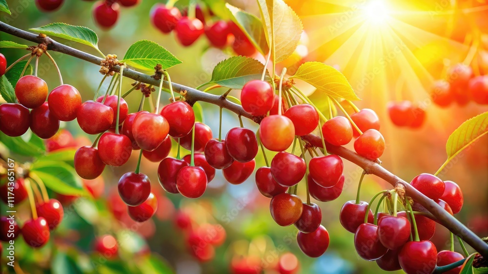 Fototapeta premium Sunlit Cherry Branch, Red Berries, Landscape Photography