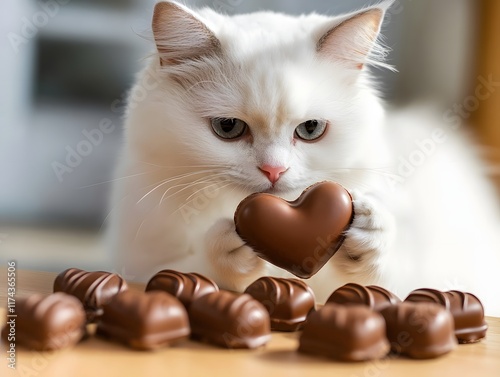 Adorable White Cat Gifting Heart Shaped Chocolates for Valentine s Day photo