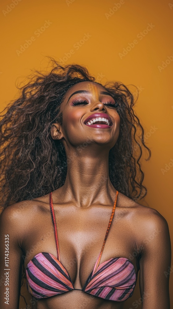 Joyful Black Woman Curly Hair Bikini Studio Portrait Happy Smiling Beauty Fashion Joyful Black Woman Curly Hair Bikini Studio Portrait Happy Smiling Beauty Fashion