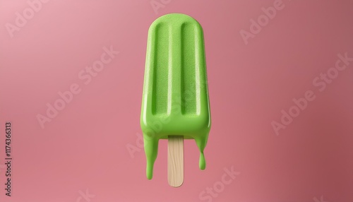 green fruit stick ice cream melting on pastel pink background in the air