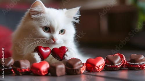 Adorable White Cat Gifting Heart Shaped Chocolates for Valentine s Day photo