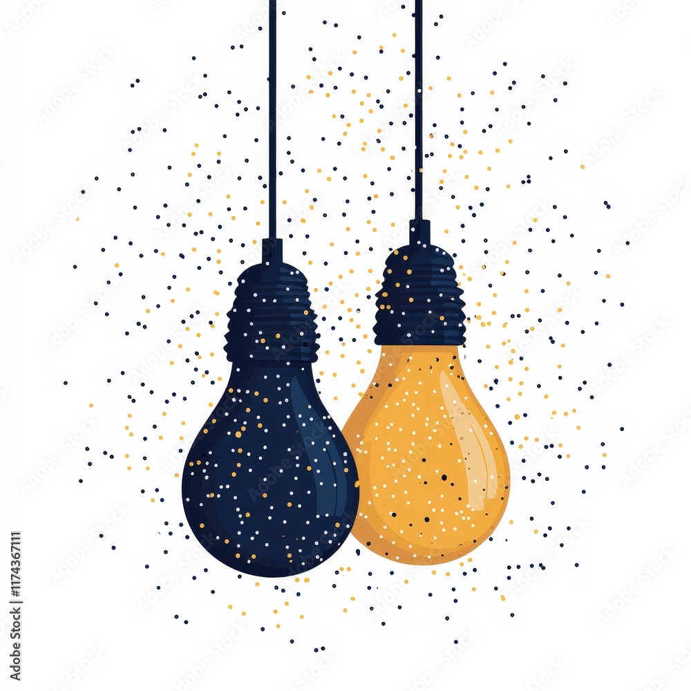 Two decorative light bulbs, one dark and one bright, suspended against a speckled background, creating an inviting atmosphere. Two decorative light bulbs, one dark and one bright, suspended against a speckled background, creating an inviting atmosphere.