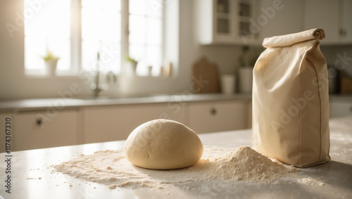 A serene bakery kitchen in the morning, with a dough ball placed on a flour covered countertop. Beside it is a flour bag with flour particles in the air. photo