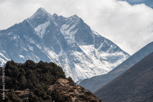 View of Mt.Lhotse the fourth highest mountain in the world at 8,516 metres on the way to Everest base camp in Nepal. photo