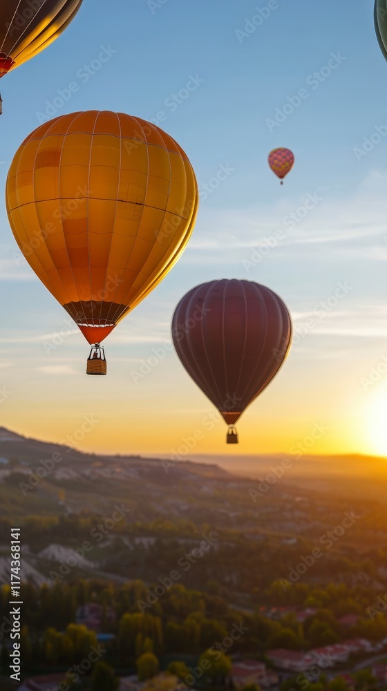 Naklejka premium Hot Air Balloons Sunrise Landscape Travel Adventure
