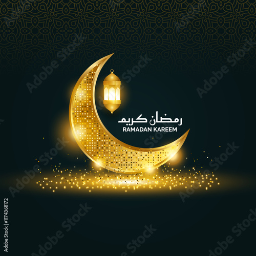 3d luxury gold eid mubarak ramadan kareem greetings islamic black background banner border. Golden crescent moon. 