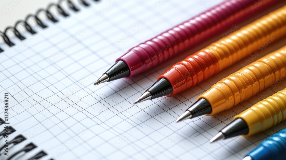 Colorful Pens on a Grid Notebook: A Vibrant Study in Stationery Colorful Pens on a Grid Notebook: A Vibrant Study in Stationery