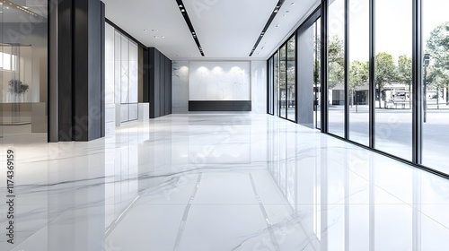 A modern, spacious showroom with high ceilings, polished marble floors, and sleek walls, creating an ideal environment for product display