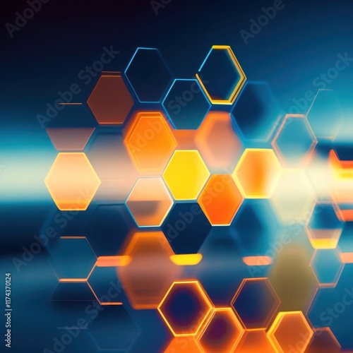 Colorful hexagon pattern is displayed on a blue background