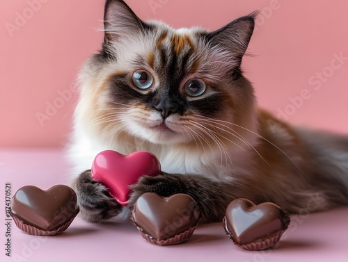 Adorable Feline Sharing Sweet Valentine s Day Chocolates on Cozy Pink Background photo