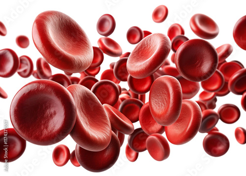 Flowing red blood cells isolated on white background