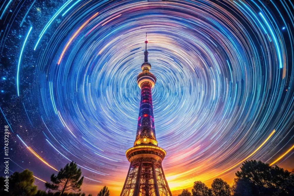 Tower Night Sky Communication AI Art, Long Exposure, Messages in Space Tower Night Sky Communication AI Art, Long Exposure, Messages in Space
