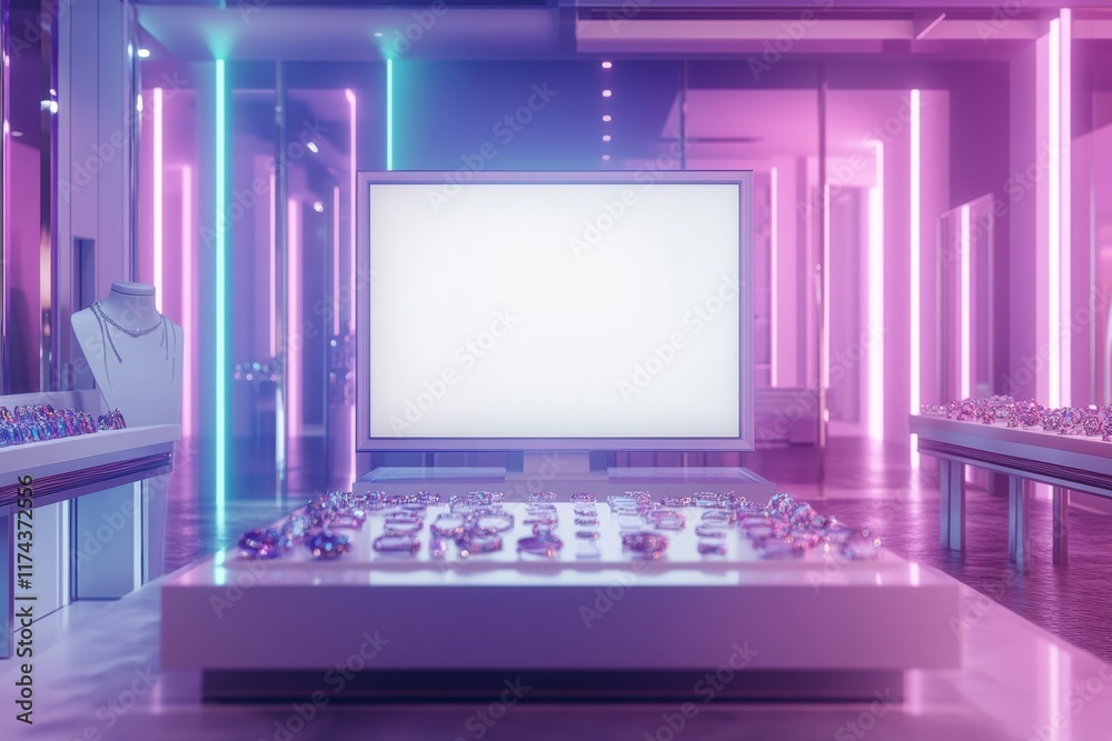 A neon lit room with a large white screen and a display of jewelry A neon lit room with a large white screen and a display of jewelry