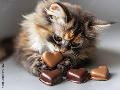 Adorable Kitten Giving Heart Shaped Chocolates for Valentine s Day photo