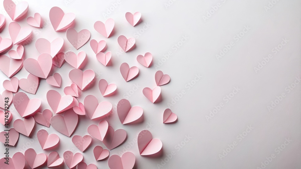 Obraz premium Soft pink paper heart cutouts scattered on a white background, Valentine hearts, festive, Valentine hearts