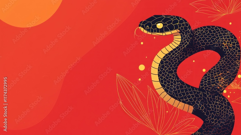 Obraz premium Elegant black snake coiled on red background with gold accents and leaves.