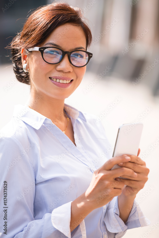 Portrait Adult Malaysian Woman Business Concept Working Texting Smartphone Portrait Adult Malaysian Woman Business Concept Working Texting Smartphone