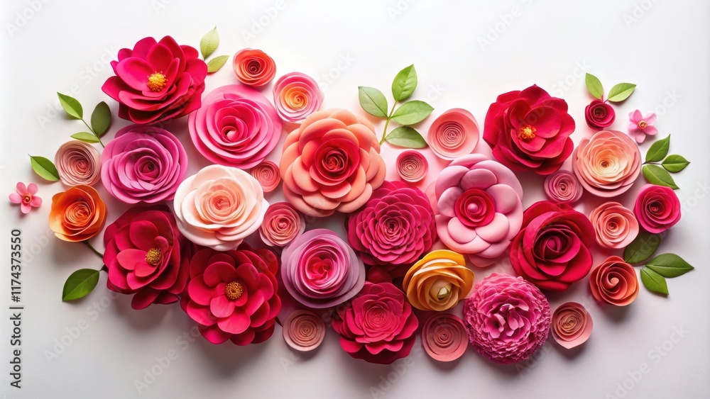 Obraz premium A floral arrangement composed of vibrant paper roses in various shades of pink and red on a plain white backdrop , rose bouquet, floral decor