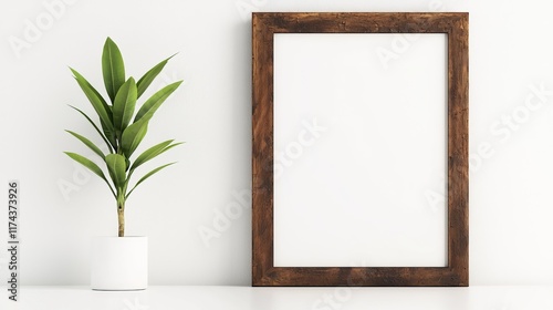 a simple elegant wooden picture frame sits on a white shelf - mockup template