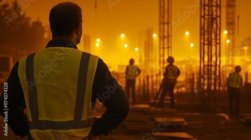 Night Construction Site: A Foreman's Silhouette Against Amber Lights