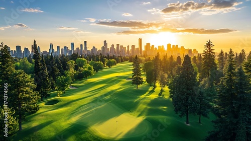 a beautiful golf course surrounded by tall green trees and a city skyline in the background. The sun is rising, casting a warm glow over the scene. photo