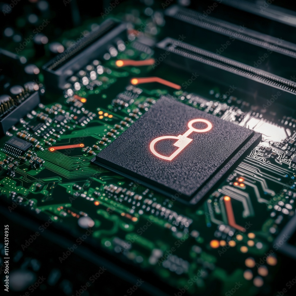Fototapeta premium Futuristic Motherboard Cybersecurity Key Concept Digital Security Data Protection