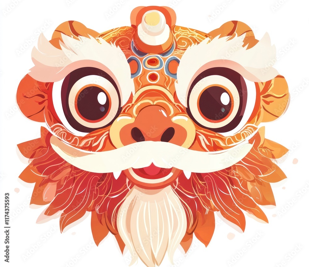 Fototapeta premium Adorable cartoon lion dance head, orange and white, ornate details.