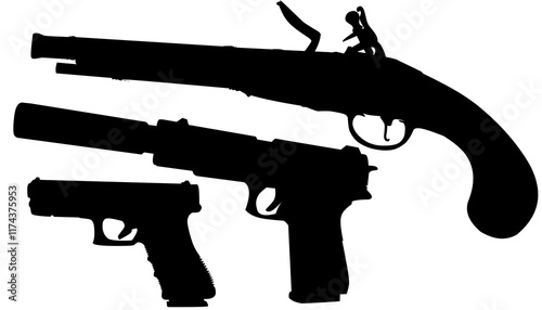 Icon set of vintage and modern pistols in black style isolated on white background. England country symbol stock vector illustration. photo