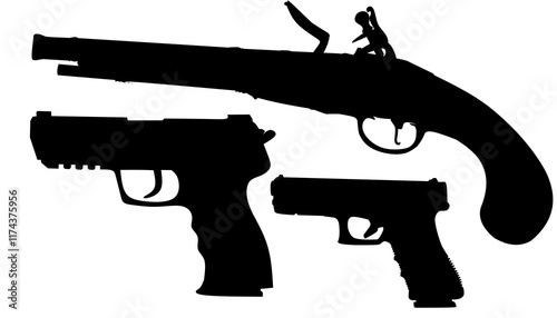 Icon set of vintage and modern pistols in black style isolated on white background. England country symbol stock vector illustration.