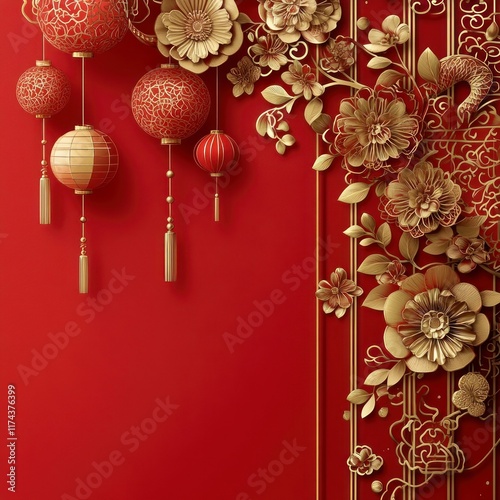 Red gold Chinese New Year floral lanterns background.