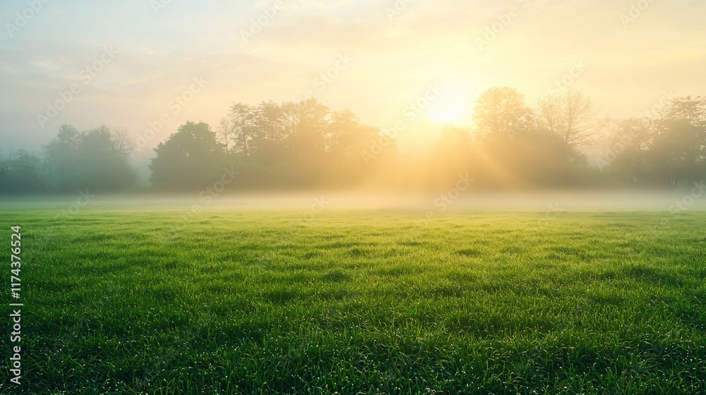 Misty sunrise over a green field. Misty sunrise over a green field.