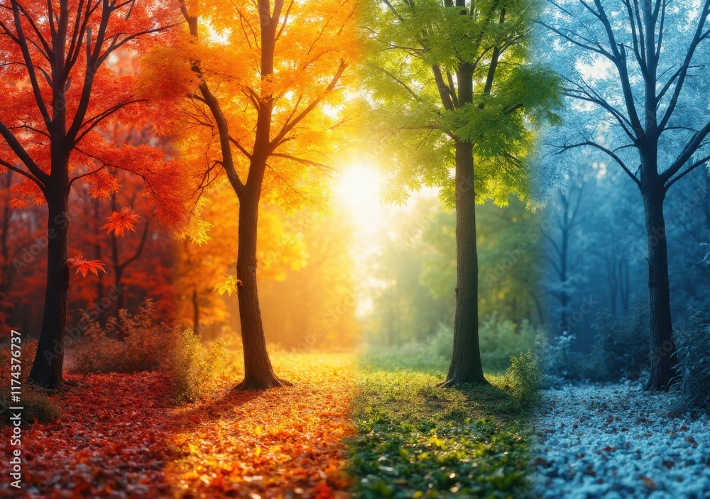 Fototapeta premium Vibrant seasonal transition among trees in a scenic landscape during daytime